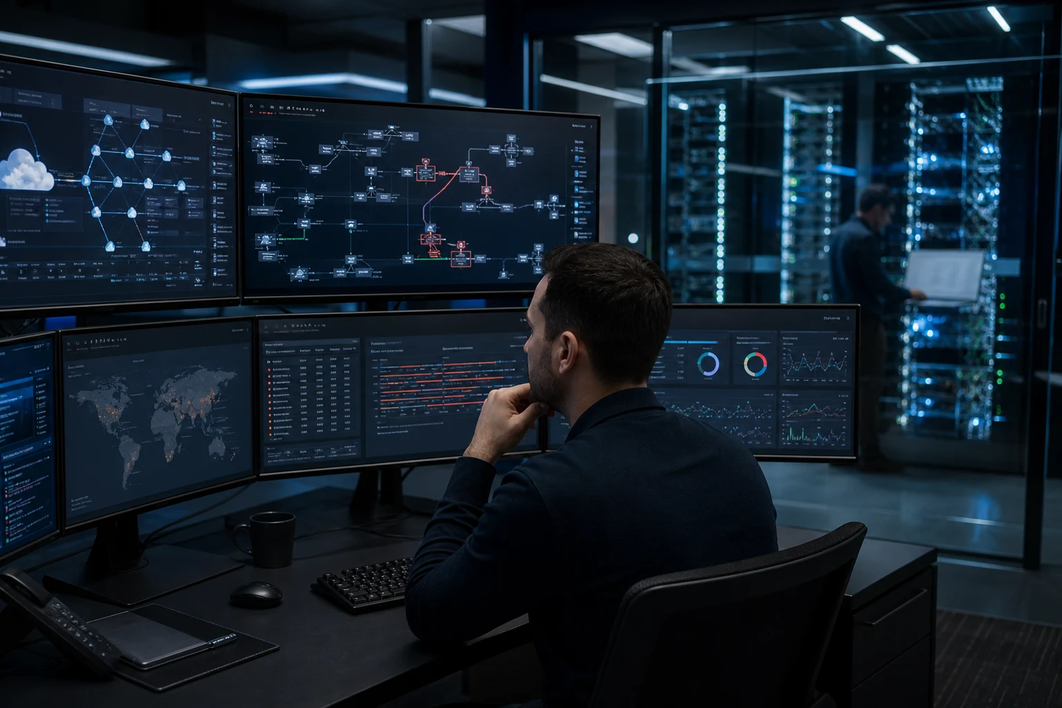 Security analyst monitoring networks, incidents, and server infrastructure