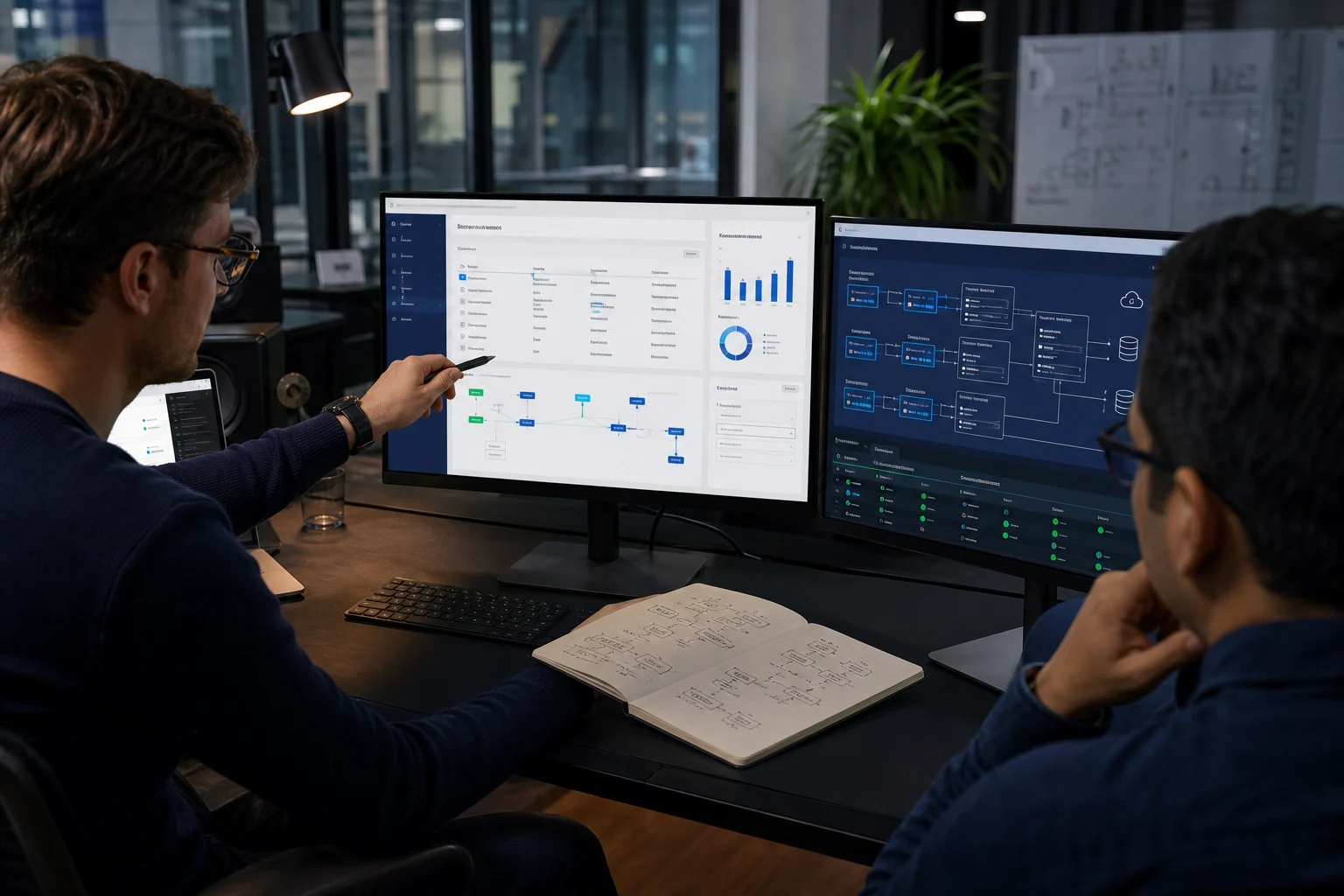 Software engineers reviewing a custom application and its technical architecture